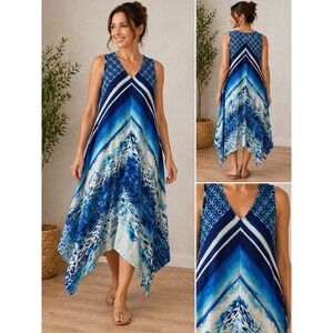 Chico's Trapeze Dress Sz S/M Blue Chevron Print Shark Bite Hem Cruise Resort